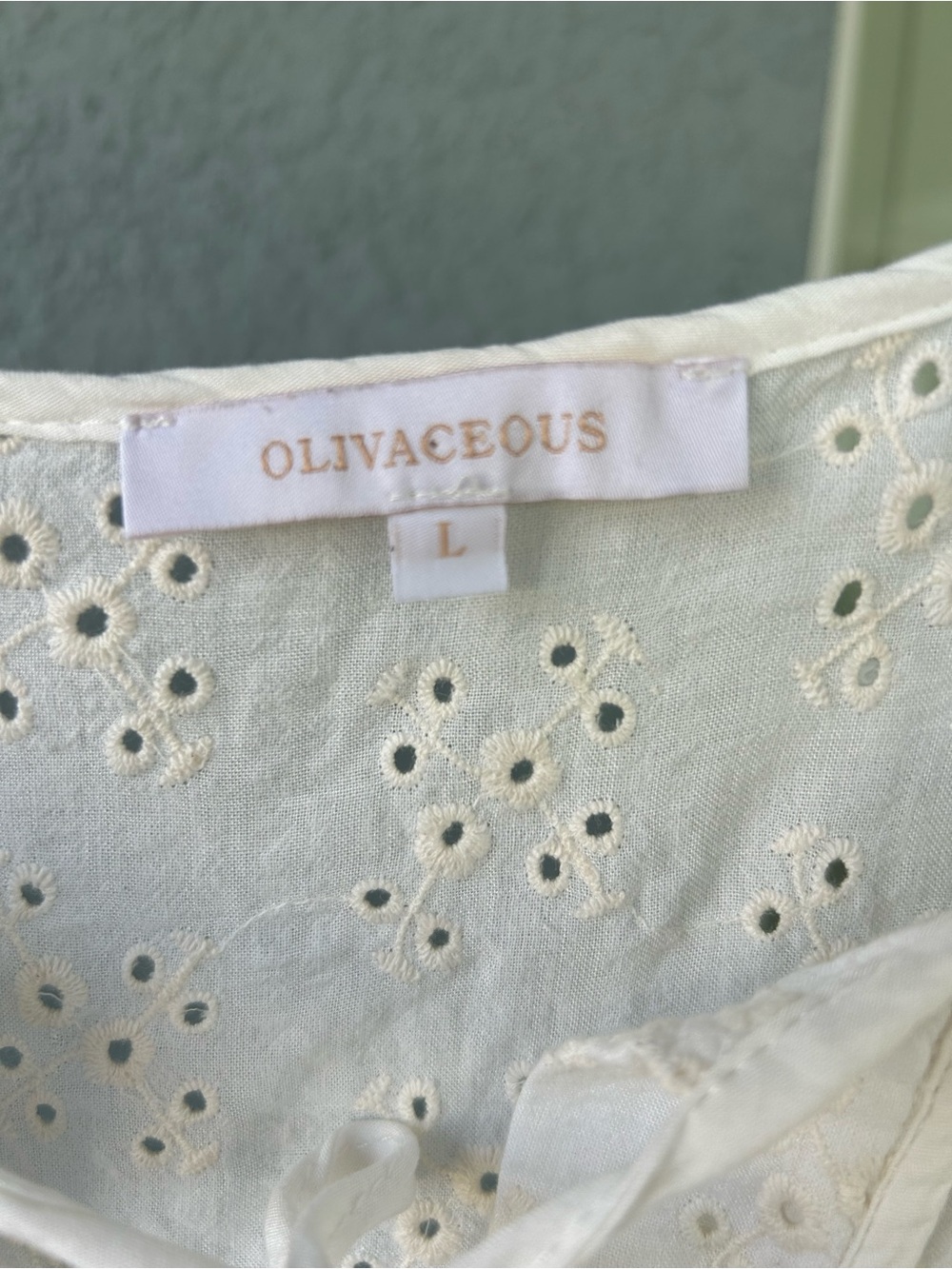 Olivaceous Off White Eyelet Babydoll Mini Dress Sz L Boho Cottagecore Tassel Tie - Picture 4 of 5